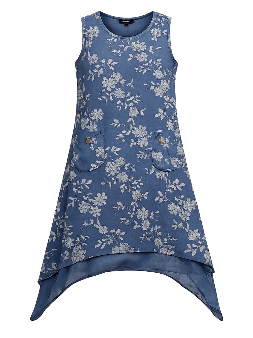 Sleeveless Blue Floral Handkerchief-Hem Midi Dress with Pockets